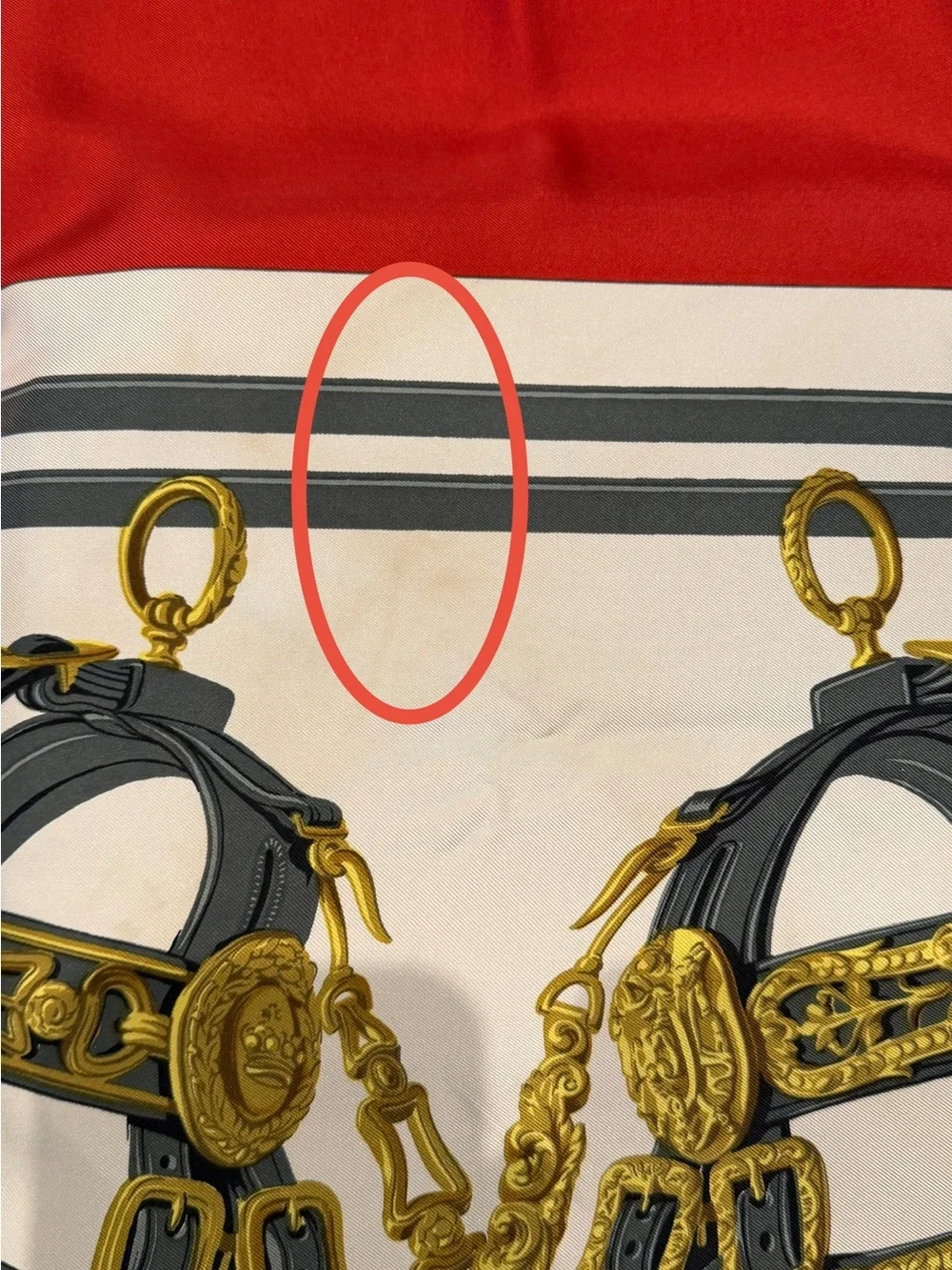 Hermes Red, Cream, Gray & Gold Bridle Print Silk Scarf